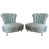 Pair of Blue Silk Satin Slipper Chairs with Scallop Backs
