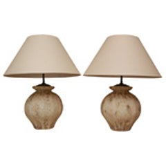 Pair of White and Gilt Earthenware Vases Mounted as Lamps 7