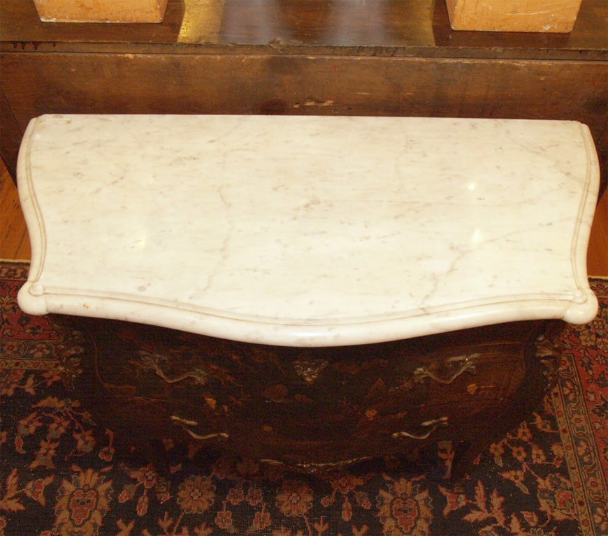 Small scale bombe Louis XV style Napoleon III marble top commode with chiniosorie decoration. Some slight losses in paint. Ormolu mounts original as is hardware