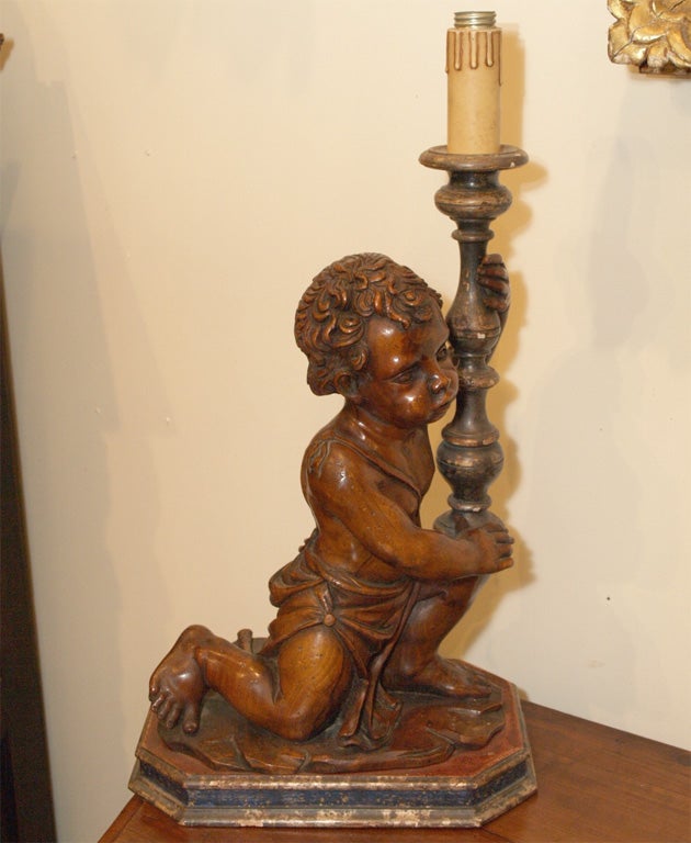 ITALIAN CARVED WALNUT PUTTI AS LAMP