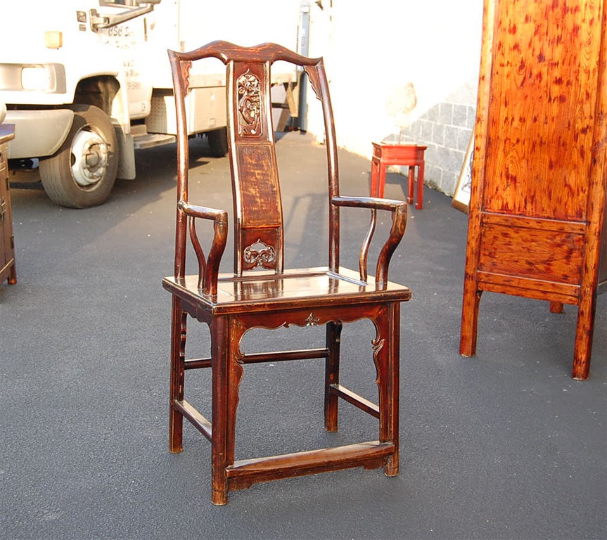 Late 19thC. Q'ing Dynasty Shanghai Carved Scholar's Cap Open Arm Chair ( 1 of pair priced and sold separately )