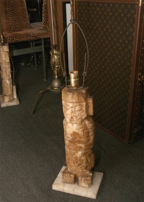 Pair of Hand Carved Marble/Stone Aztec Figures on Marble Bases made into Lamps