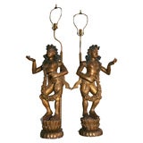 Antique Unusual Pair of Gilded Wood  Lamps