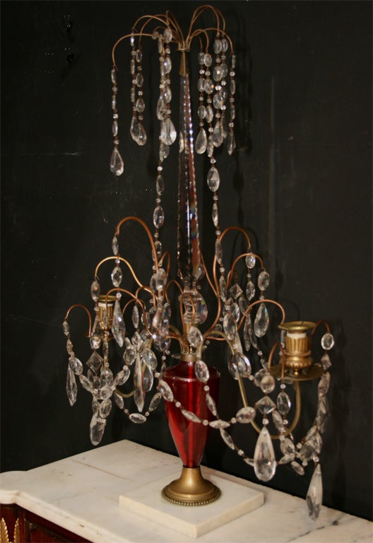 Fine Pair of Russian Bronze, Crystal and Ruby Glass Candleabra