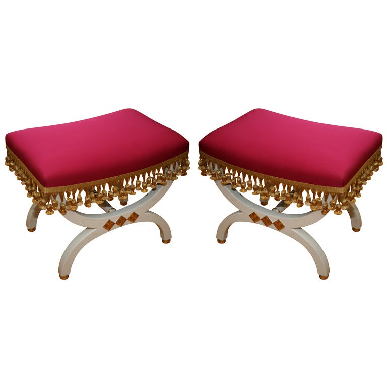 Pair of upholstered stools signed Jansen For Sale