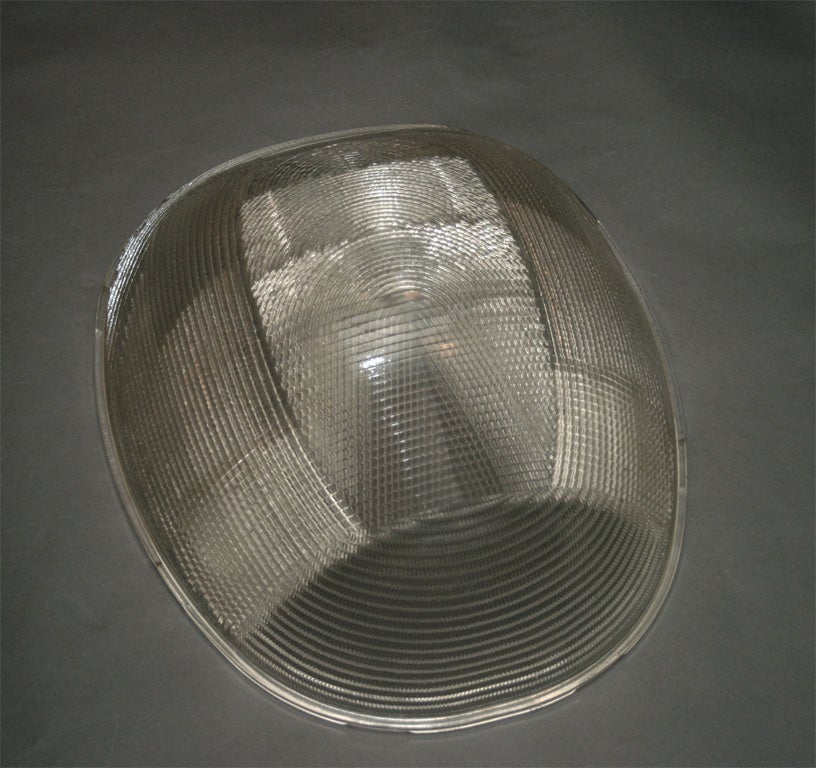 Holophane ceiling shade/reflector, circa 1950s, in clear and frosted ribbed glass. Four shades are available.