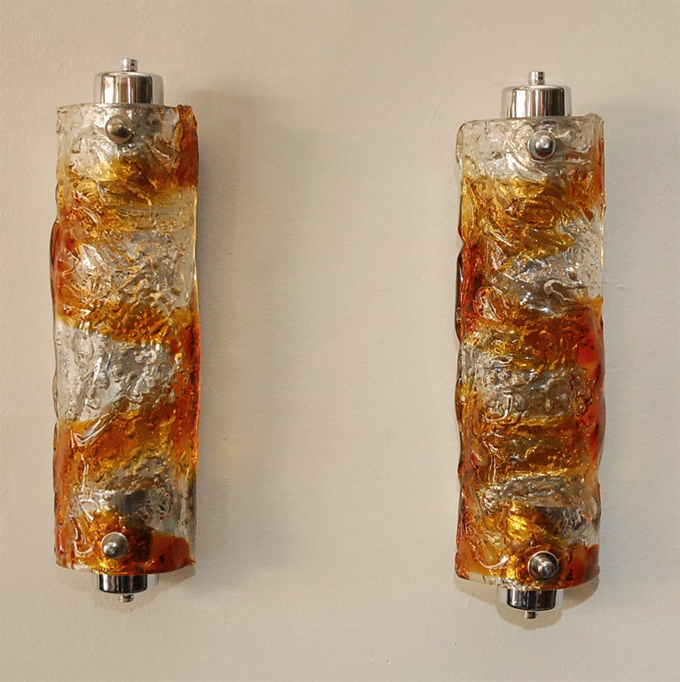 Pair of Tall Fused Murano Glass Sconces by Mazzega.