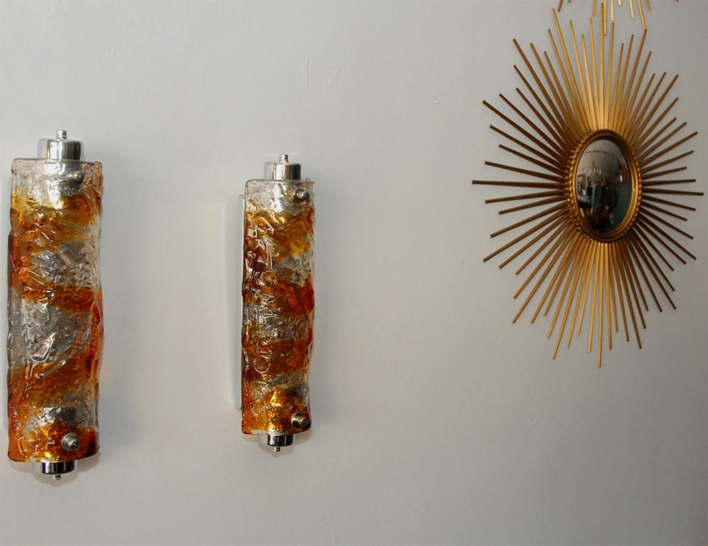 Mid-20th Century Pair of Tall Fused Murano Glass Sconces by Mazzega