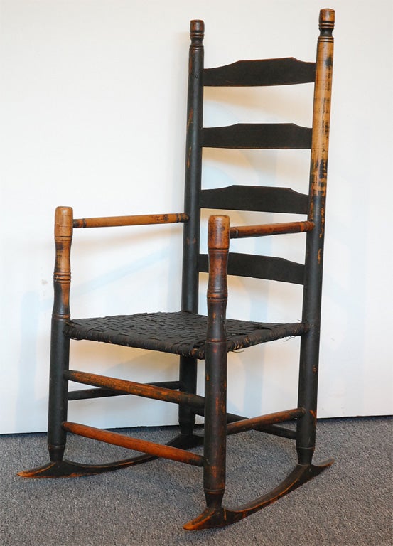 19TH C. NEW ENGLAND MAPLE WOOD ORIGINAL DARK GREEN PAINTED LADDER BACK ROCKING CHAIR.