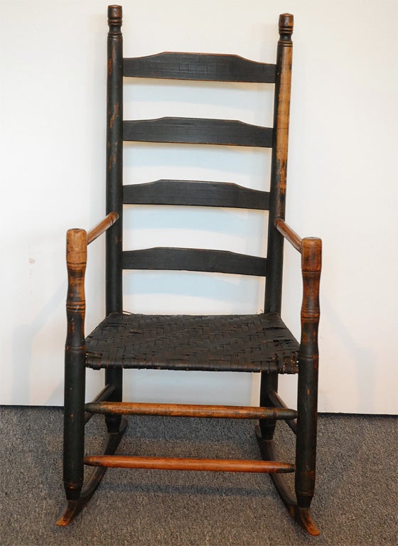 American 19TH C. NE ORIGINAL DARK GREEN PAINTED LADDER BACK ROCKING CHAIR