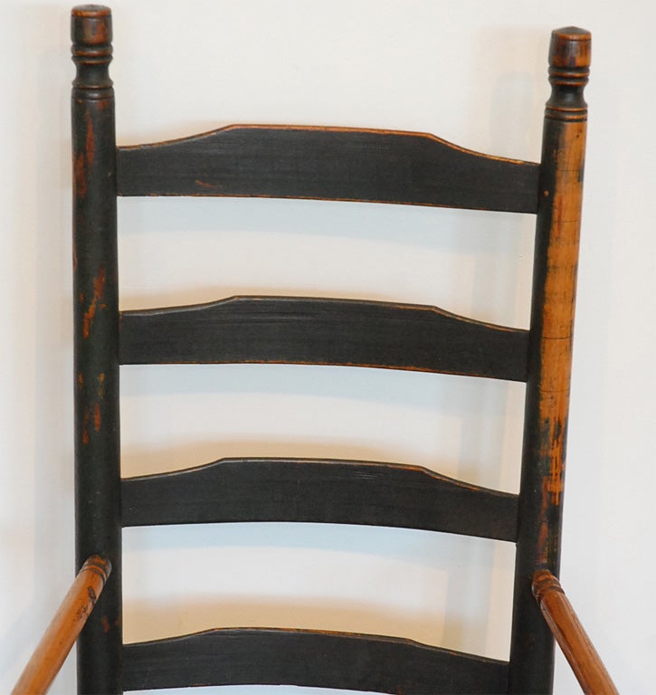 19th Century 19TH C. NE ORIGINAL DARK GREEN PAINTED LADDER BACK ROCKING CHAIR