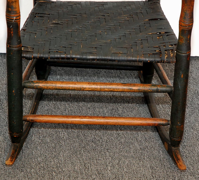 Maple 19TH C. NE ORIGINAL DARK GREEN PAINTED LADDER BACK ROCKING CHAIR