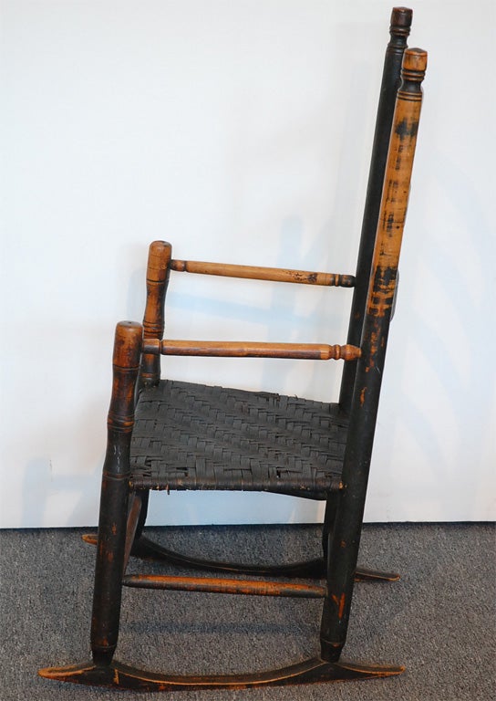 19TH C. NE ORIGINAL DARK GREEN PAINTED LADDER BACK ROCKING CHAIR 2