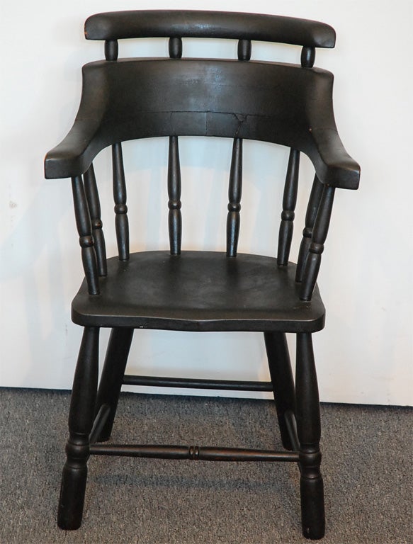 19TH C. NE ORIGINAL BLACK PAINTED WINDSOR CAPTAIN'S CHAIR