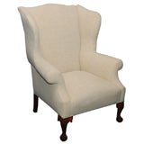 18TH C. FRENCH LINEN & 19TH C. HANDCARVED LEGGED WING CHAIR