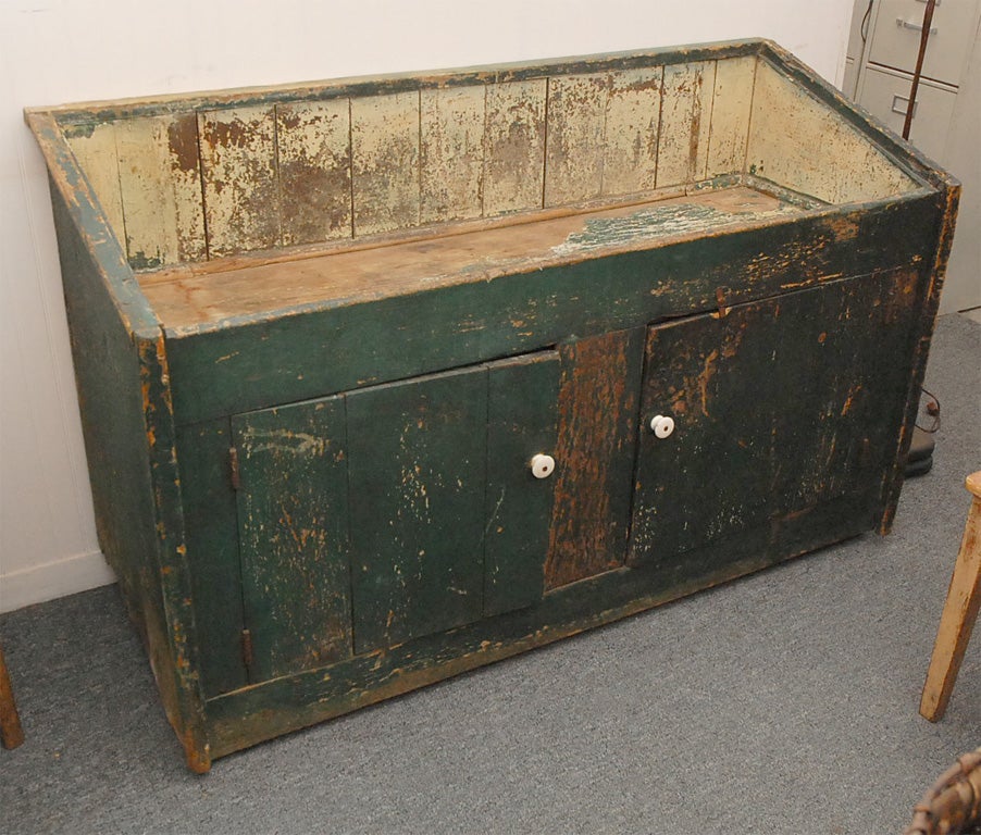 19TH C. ORIGINAL GREEN PAINTED 2 DOOR DRY OVERSIZED DRY SINK FROM PENNSYLVANIA