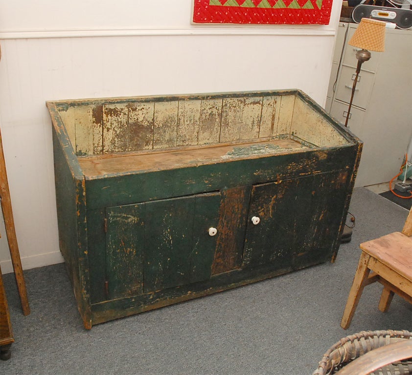 American 19TH C. ORIGINAL GREEN PAINTED 2 DOOR DRY SINK FROM PA.