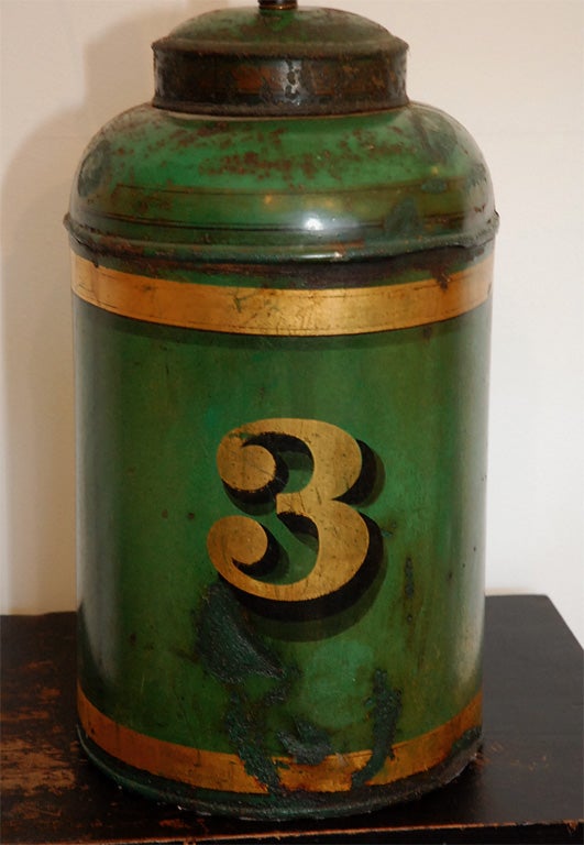 19TH C. GREEN PAINTED TEA CANISTER LAMP 2