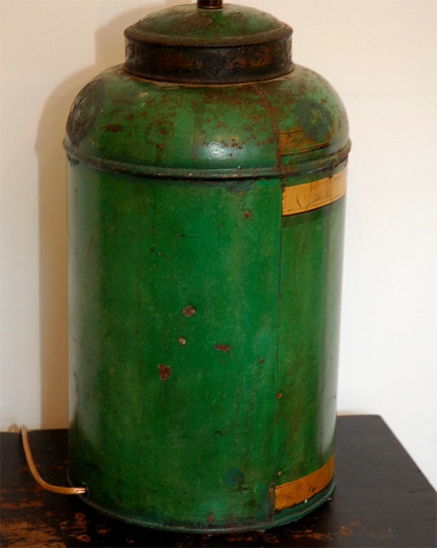 19TH C. GREEN PAINTED TEA CANISTER LAMP 3