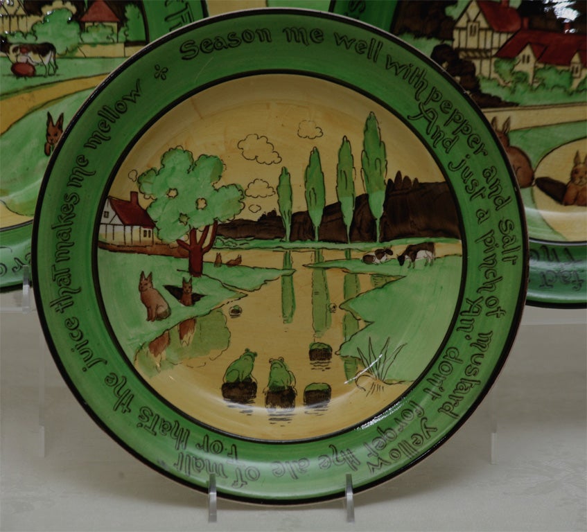 Charming and whimsical set of hand colored English Welsh-Rabbit plates with poetic writing along the borders evoking the love of Cheese!! There are 3 different motifs, some with cows and frogs and bunnies.