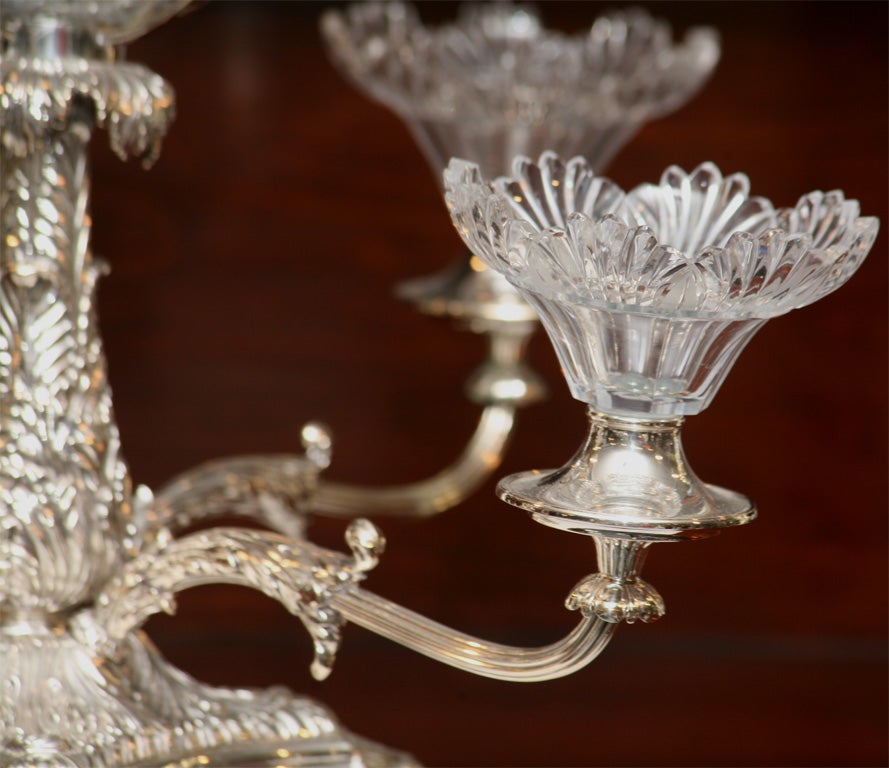English 19th C Sheffield Silver over Copper & Original Crystal Epergne with Lions Heads For Sale