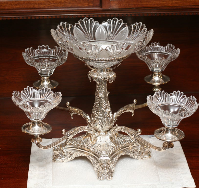 19th C Sheffield Silver over Copper & Original Crystal Epergne with Lions Heads For Sale 2