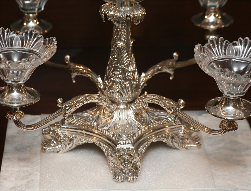 19th C Sheffield Silver over Copper & Original Crystal Epergne with Lions Heads For Sale 3