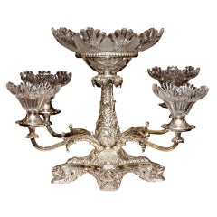 19th C Sheffield Silver over Copper & Original Crystal Epergne with Lions Heads