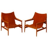 Pair Of Teak/Suede Danish Sling Armchairs