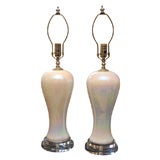Pair of White Mother of Pearl Effect Lamps w/Lucite Base