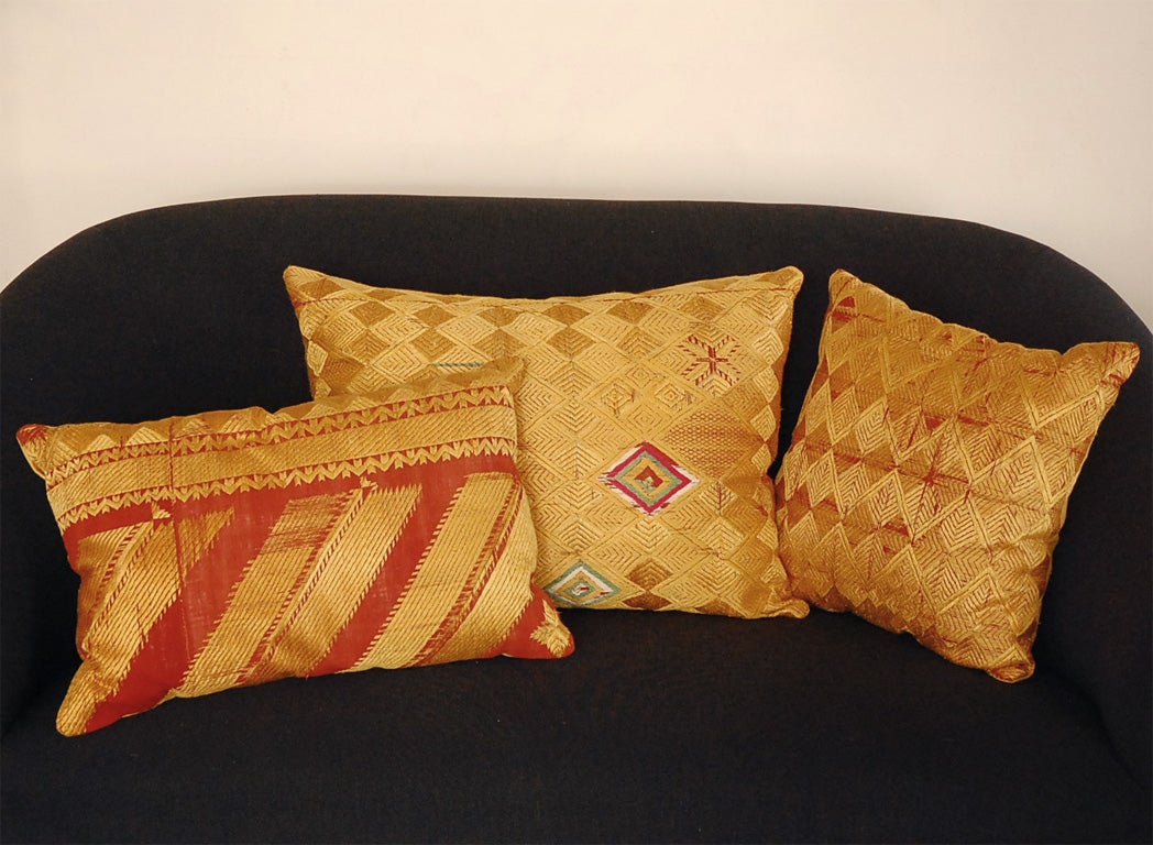 3 Indian Phulkari Embroidered Pillows w natural kapok filling.
