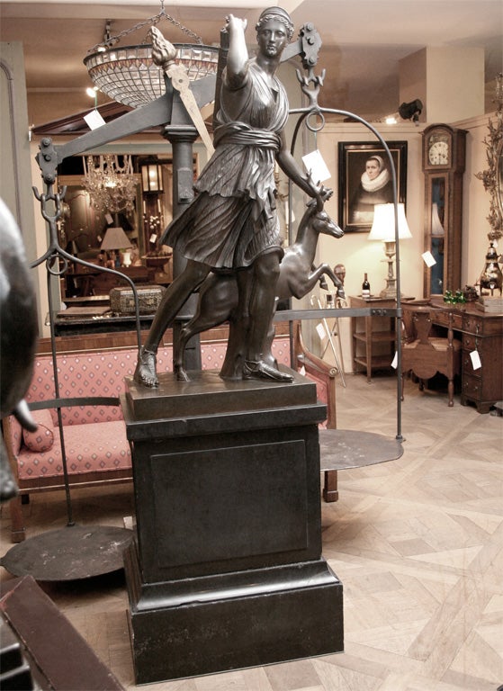 Large Barbedienne Bronze Statue of Diana on Pedestal, Circa 1900