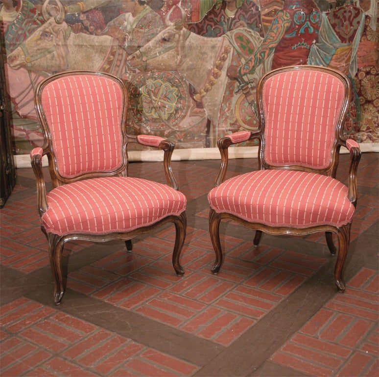 Pair of Louis XV Style Cherry and Beech Fauteuils, Mid-19th Cent