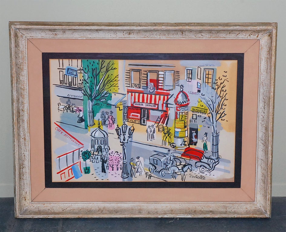 I've always loved the charm and whimsey of Cobelle's work, and this is the first I've ever found. This is a French street scene, with vibrant blocks of color, and a happy feel. The frame is perfect for the piece, but can be changed, and the black