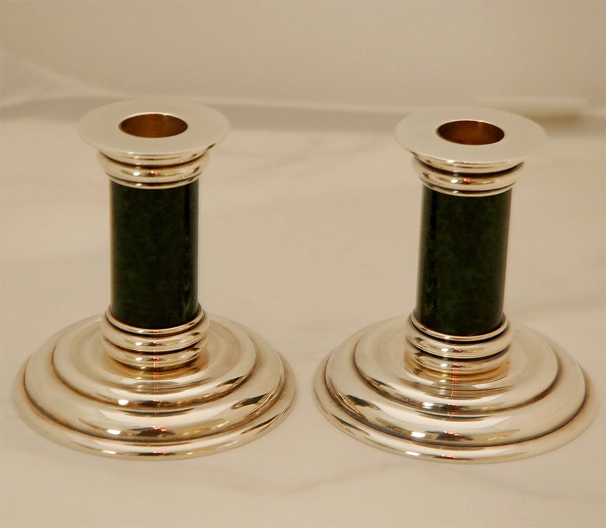 Lovely pair of silver plate and enamel Puiforcat candle holders, marked on the bottom (see detailed shot).