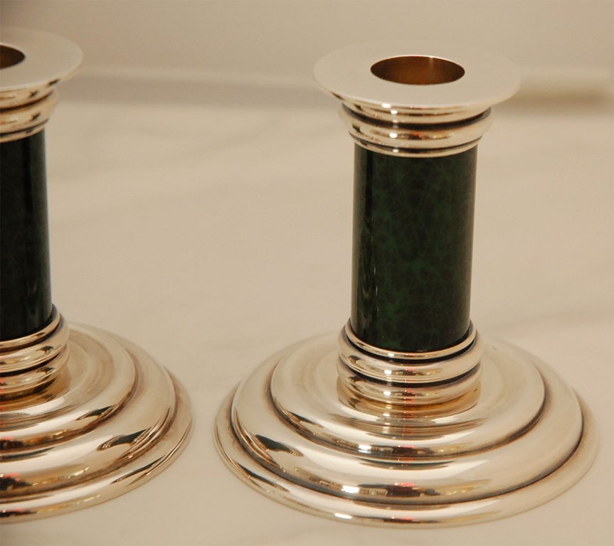 French Pair of Puiforcat Silver Plate and Enamel Candle Holders