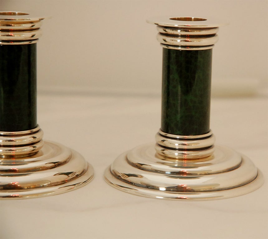 Pair of Puiforcat Silver Plate and Enamel Candle Holders 1