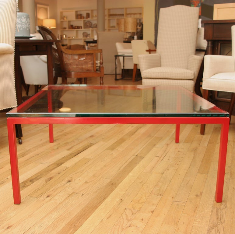 Red Lacquered Metal Coffee Table with Glass Top