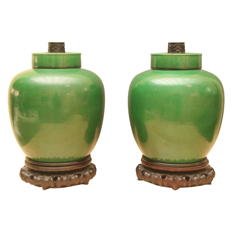 Pair of Green Ginger Jars at 1stDibs