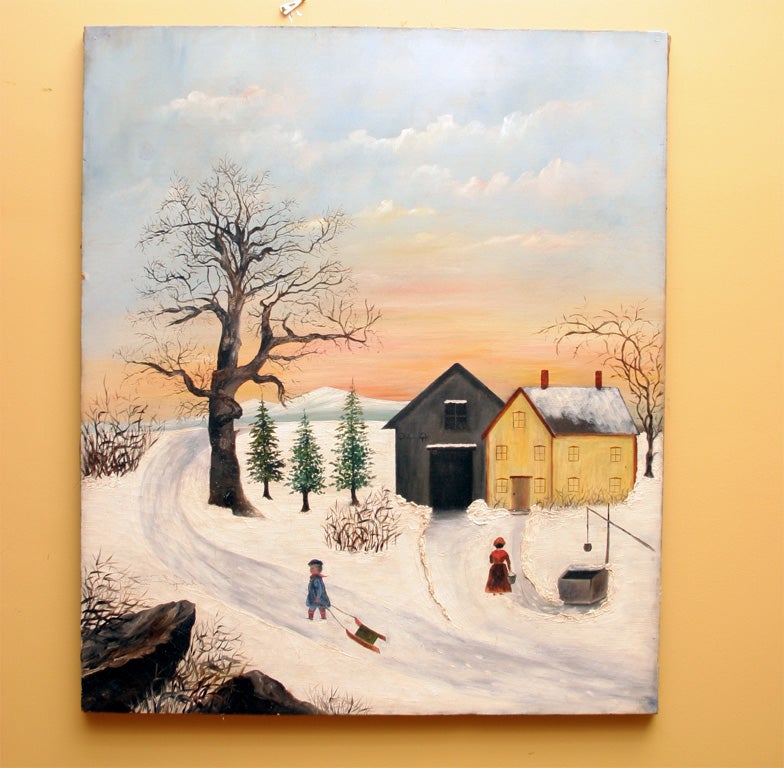 Oil on canvas.  Charming, folky primitive painting of winter scene, includng house and barn, trees, child with sled.  New England origin.  Circa 1860 - 1870.  Unframed on original stretcher.