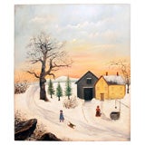Antique Primitive painting: "Winter Scene".