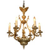 Antique French bronze 6-light chandelier with cherubs.