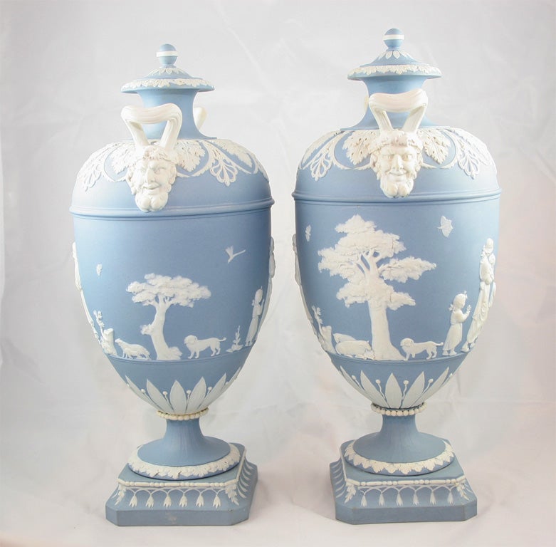 English Pair of Wedgwood Blue & White Jasper Vases For Sale