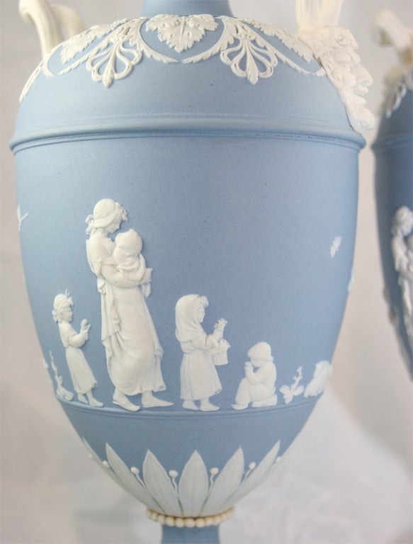 Pair of Wedgwood Blue & White Jasper Vases For Sale 2