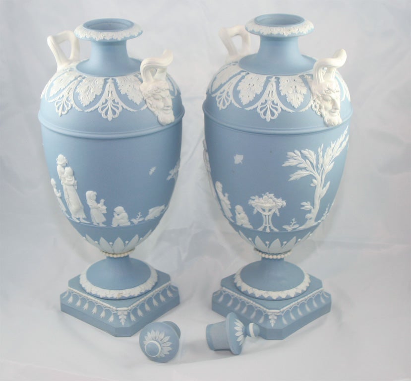Pair of Wedgwood Blue & White Jasper Vases For Sale 3
