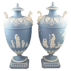 Pair of Wedgwood Blue & White Jasper Vases