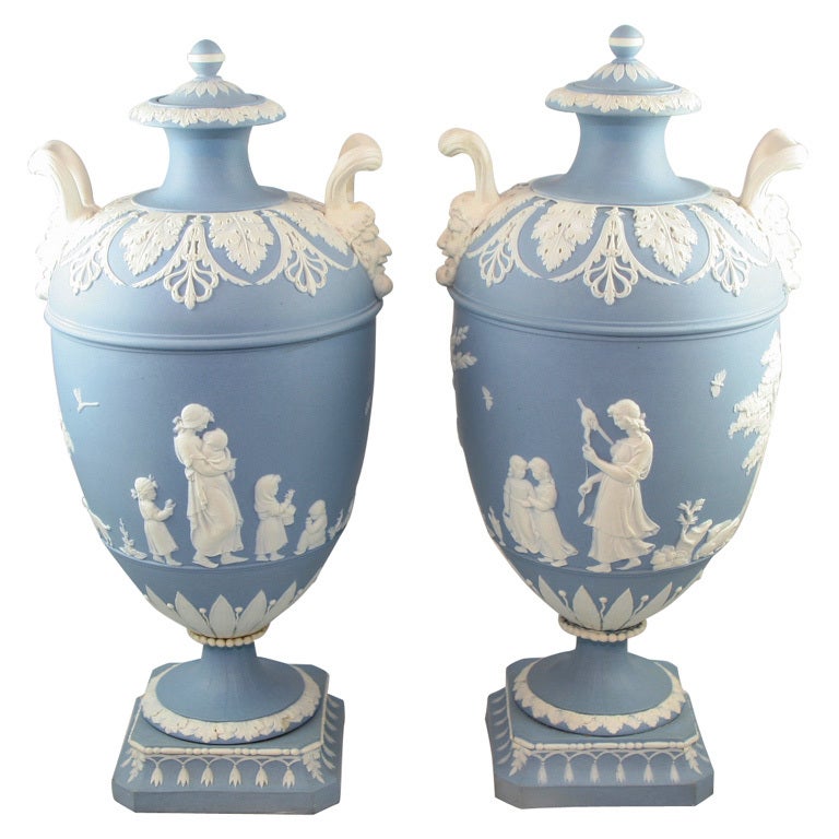Pair of Wedgwood Blue & White Jasper Vases For Sale