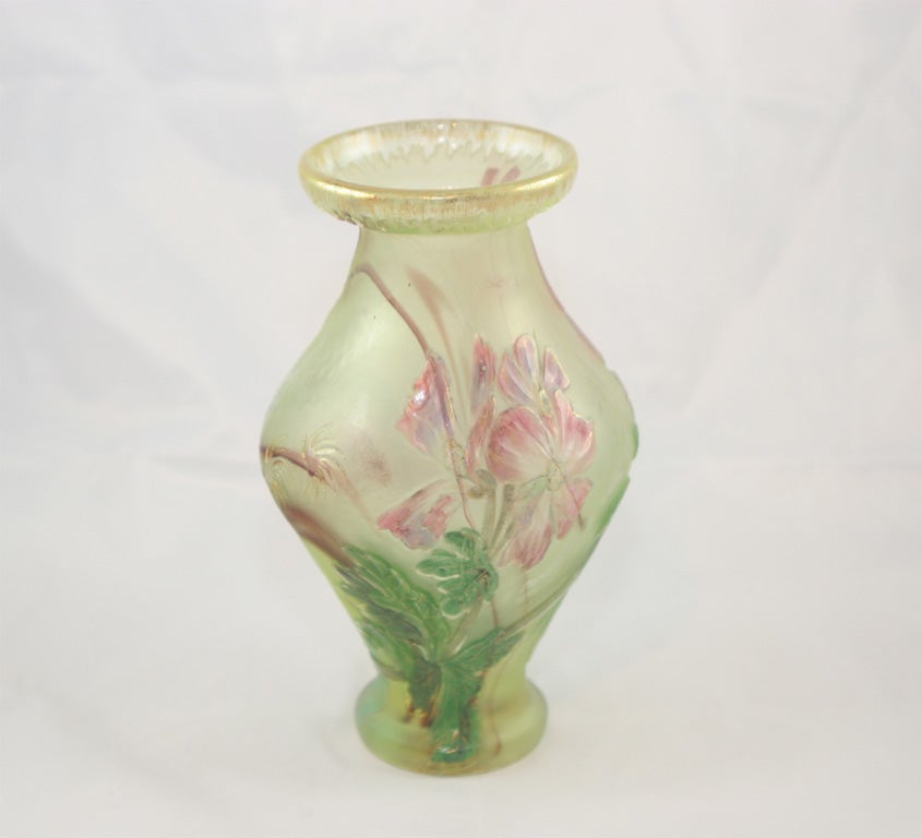 A fine Burgun and Schverer floral cameo glass vase internally decorated, cased and cameo-carved, gilt signature