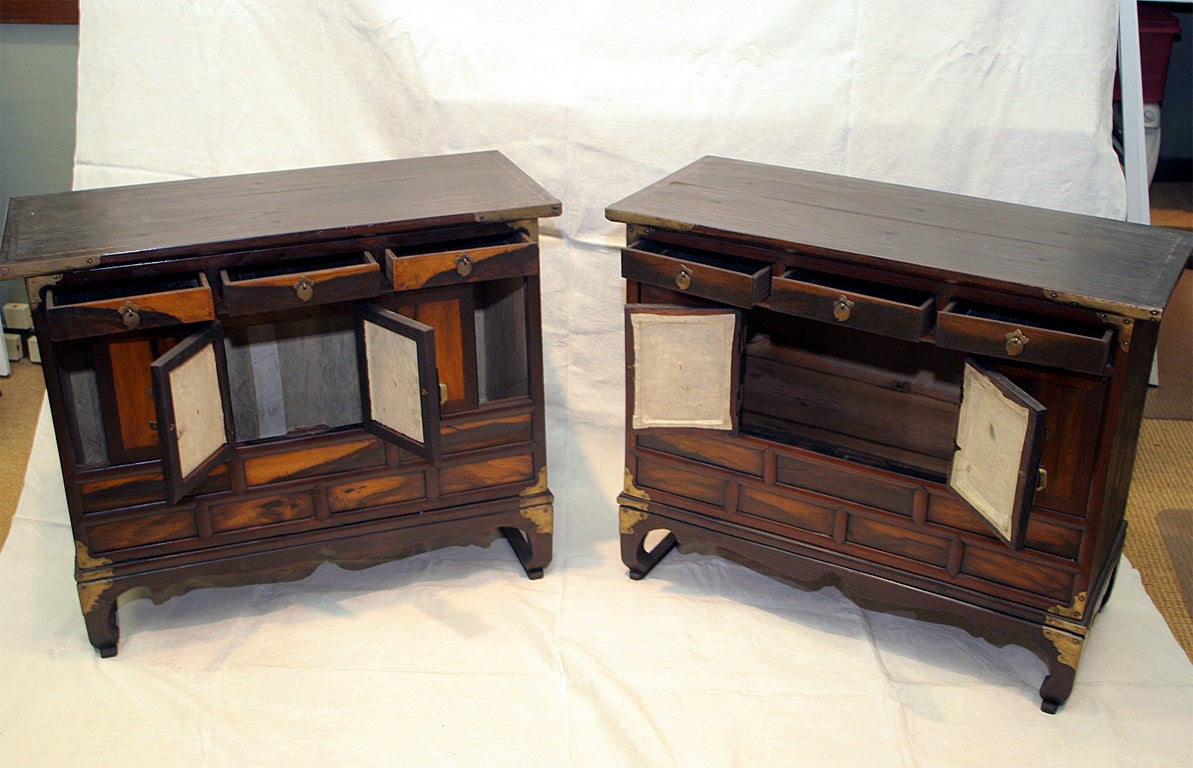 Pair of 19th Century Korean Persimon Wood Cabinets with Bronze Accents