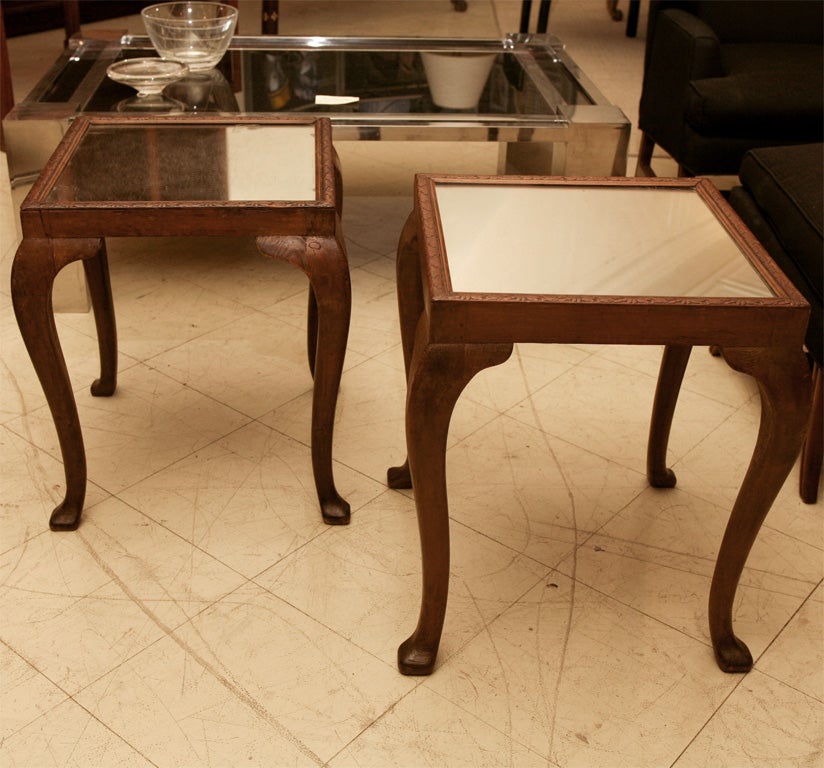 French carved wood side tables with original glass